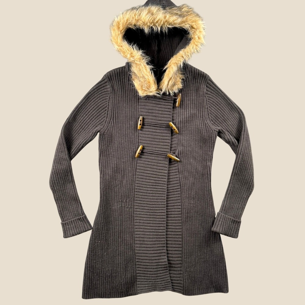 Takeout Cardigan Womens L Brown Faux Fur Hooded Toggle Ribbed Knit Sweater Coat